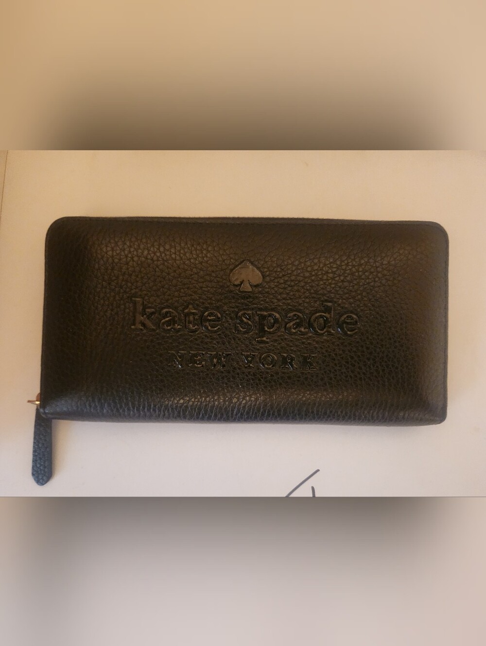 kate spade Black Pebbled Leather Zip Wallet with Embossed Logo